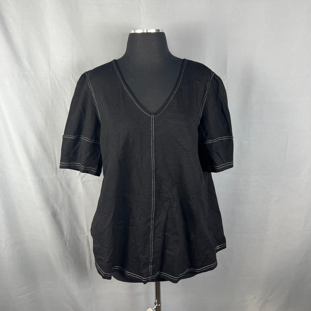 Weekend Suzanne Betro Blouse Top Womens 1X Black Contrast Stitching Curved Hem